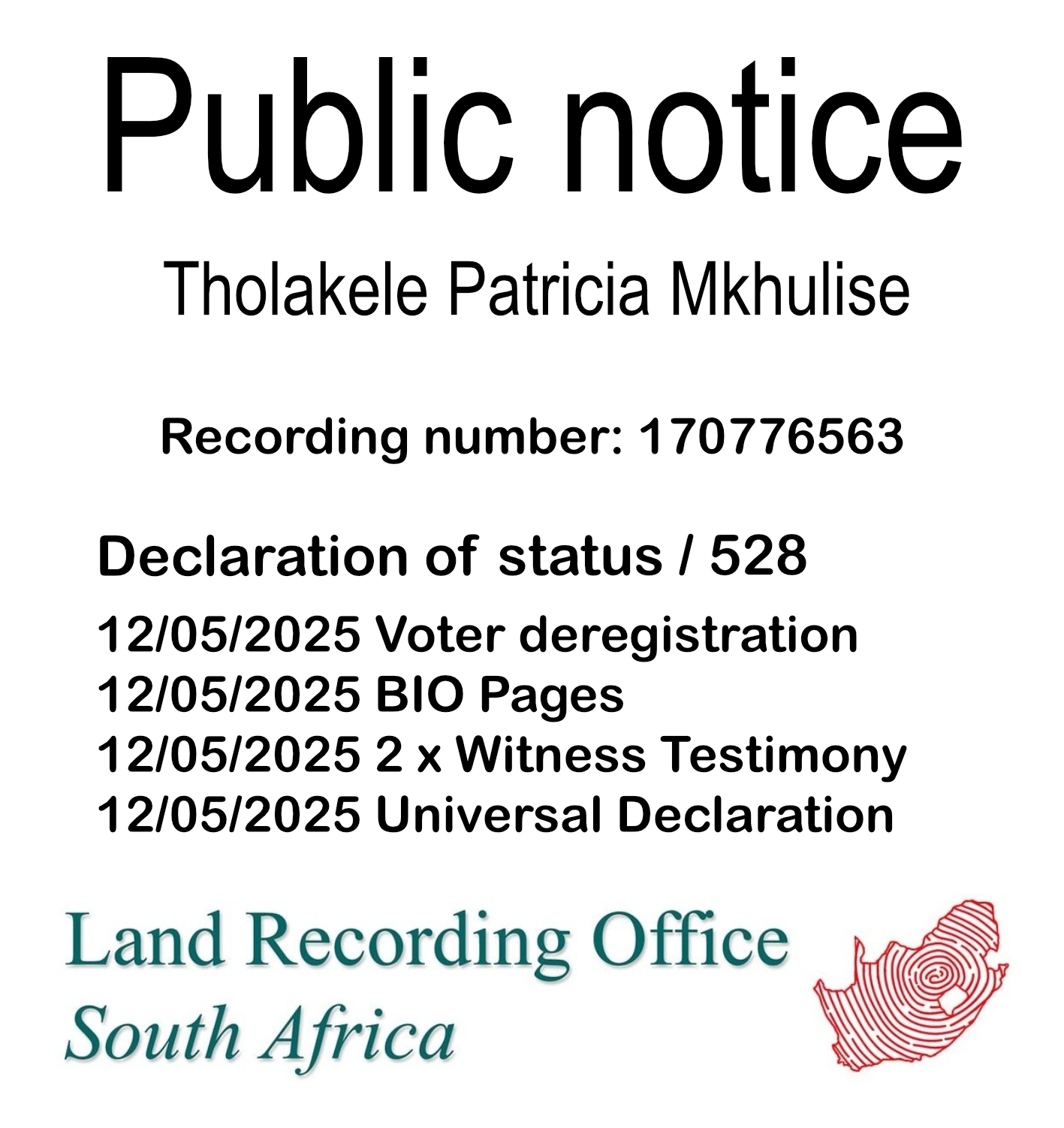 Public Notice Tholakele Patricia Mkhulise (c) Recording number 170776563